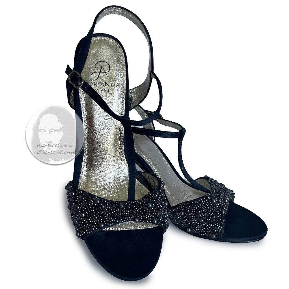 Adrianna Papell Alia Sandal T-Strap Beaded Satin Formal Evening Heels Size 8.5M - Picture 1 of 13
